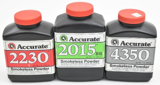 (3) Bottles of Accurate Smokeless gun powder.