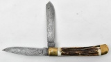 Custom Damascus two blade folding knife with stag scales & 3