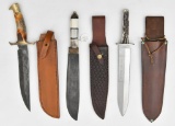 (3) Fixed blade knives - Unmarked, guard is double side brass with Damascus style 9