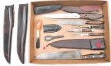 Horn spoon, fixed blade knives, custom leather sheaths and forks.