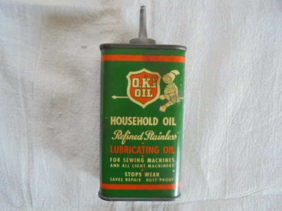 OLD "O.K.'S OIL" HOUSEHOLD OIL 4 OZ ADVERTISING CAN-GRAPHIC AND GOOD COLOR