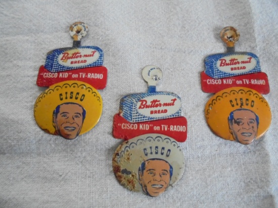 3 OLD "CISCO KID" TV SHOW PINS FROM "BUTTERNUT BREAD"-FAIRLY RARE