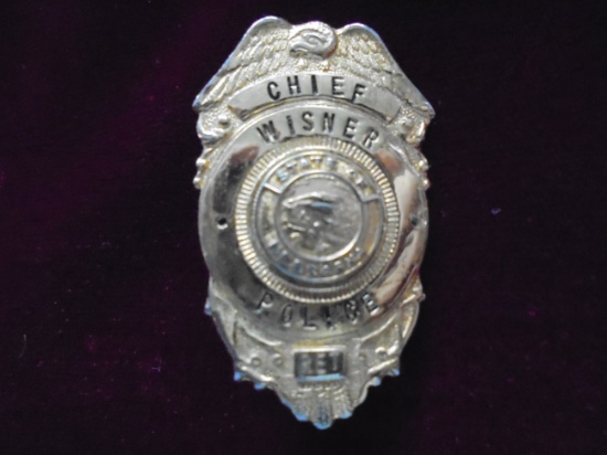 OLD WISNER NEBRASKA CHIEF OF POLICE BADGE WITH PIN BACK