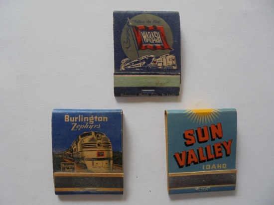 3 OLD BOOKS OF MATCHES WITH RAILROAD ADVERTISING-BURLINGTON ZEPHYR-WABASH & SUN VALLEY UNION PAC