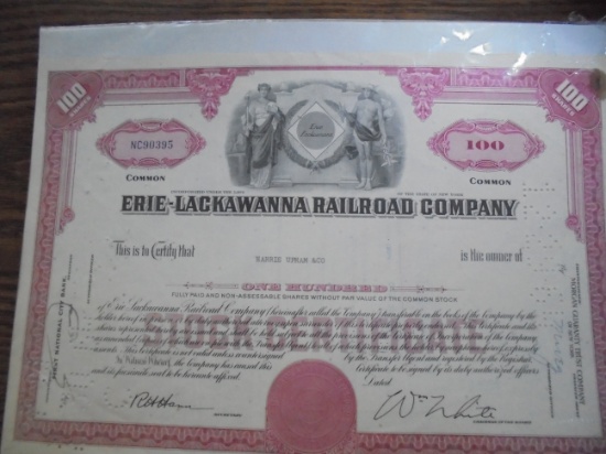 OLD "ERIE-LACKAWANNA RAILROAD STOCK CERTIFICATE --CANCELLED