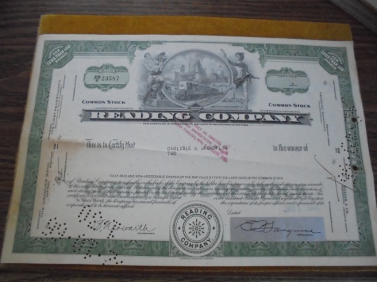 OLD READING COMAPNY STOCK CERTIFICATE-EARLY 1900'S