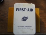 METAL NORTH WESTERN RAILROAD FIRST AID KIT--FULL OF SUPPLIES-WALL MOUNT TYPE