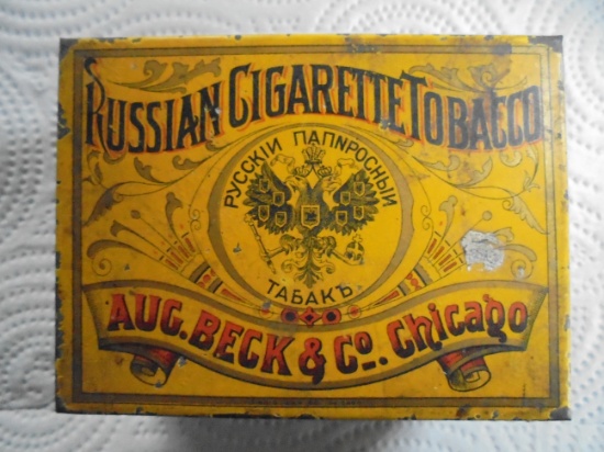 RARE "RUSSIAN CIGARETTE TOBACCO" ADVERTISING TIN-AUG. BECK COMPANY--CHICAGO