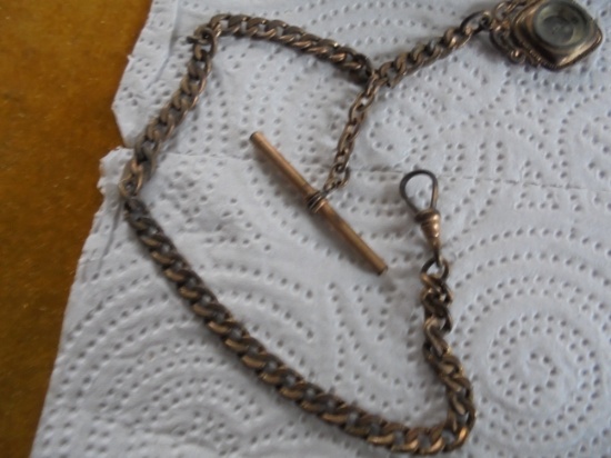 OLD GOLD TONE WATCH FOB WITH A SMALL COMPASS-"AS FOUND" AND NEVER CLEANED