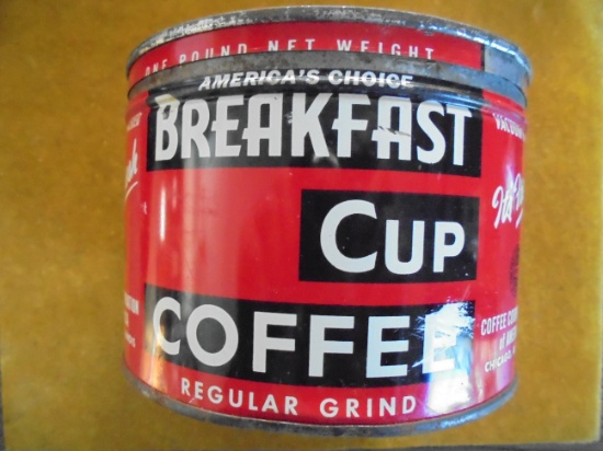 VINTAGE "BREAKFAST CUP COFFEE" ADVERTISING TIN WITH CORRECT LID-NICE CONDITION