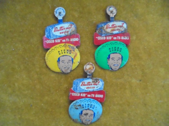 3 1950'S TAB BUTTONS WITH ADVERTISING FROM "CISCO KID" AND "BUTTERNUT BREAD"-