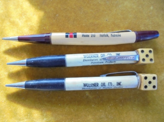 3 OLD MECHANICAL PENCILS WITH ADVERTISING-ONE IS "I-H"