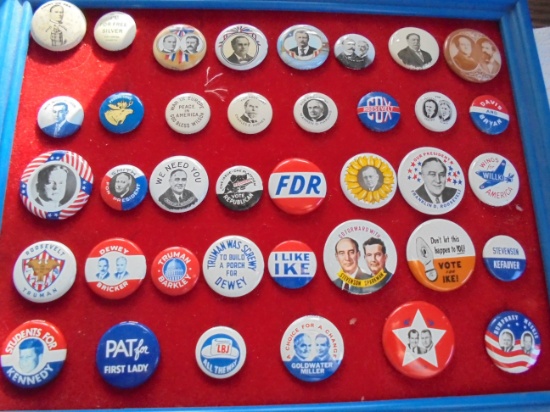 FRAME WITH OVER 35 POLITICAL BUTTONS-NICE CONDITION, BUT LOOK NEWER
