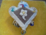 VINTAGE 6 BY 6 INCH WALL HANGING WITH BEADWORK-LOOKS EARLY 1900'S