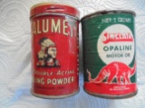 TWO OLD ADVERTISING TINS--SINCLAIR COIN BANK & CALUMET BAKING SODA TRAIL SIZE