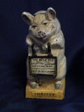 THE WISE PIG = THRIFTY - CAST IRON PIGGY BANK
