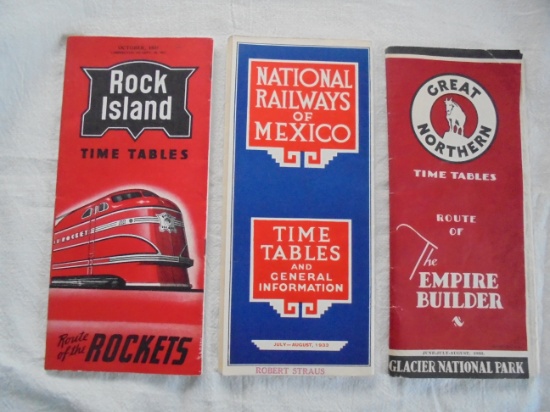 3 VINTAGE RAILROAD TIMETABLES FROM THE 1930'S-ROCK ISLAND-GREAT NORTHERN-MEXICAN NATIONAL