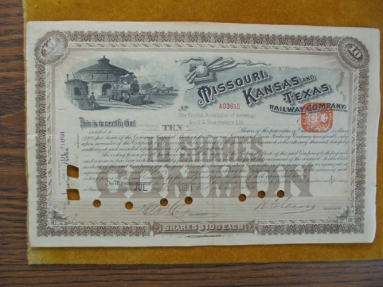 1891 10 SHARE STOCK CERTIFICATE FROM "MISSOURI, KANSAS AND TEXAS RAILROAD