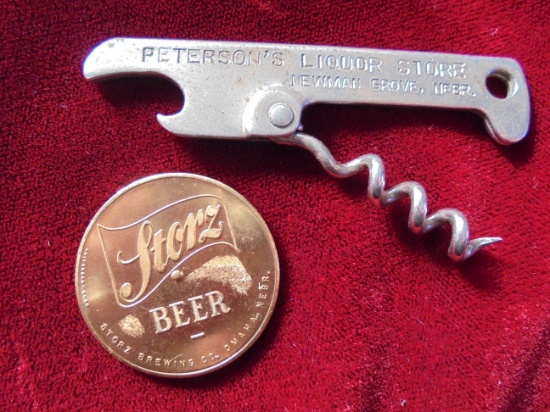 TWO ITEM LOT---STORZ ADVERTISING TOKEN AND ADV. OPENER WITH CORK SCREW FROM NEWMAN GROVE NEBRASKA