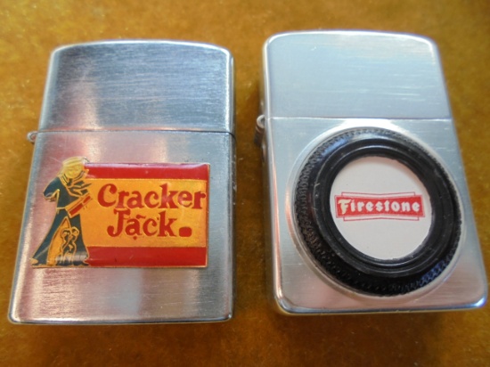 TWO OLD ADVERTISING CIGARETTE LIGHTERS-"FIRESTONE" AND "CRACKER JACK"