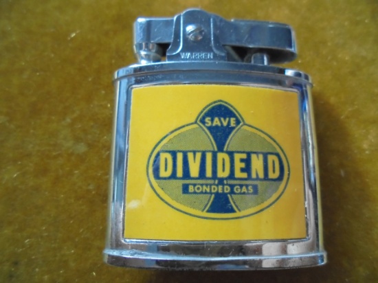 VINTAGE "DIVIDEND" GAS STATION ADVERTISING CIGARETTE LIGHTER--ODD BRAND
