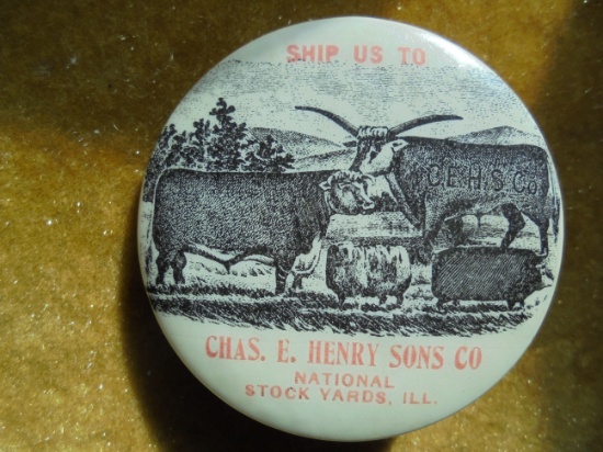 CHAS. E. HENRY & SON'S CO. ADVERTISING PIN BACK--"NATIONAL STOCK YARDS", ILLINOIS