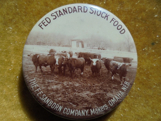 RARE "FED STANDARD STOCK FEED" ADVERTISING PIN BACK BUTTON-SANBORN COMPANY-OMAHA NEBRASKA