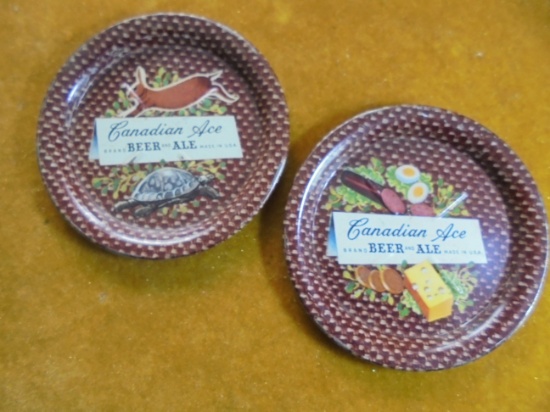 2 OLD TIN ADVERTISING COASTERS FROM "CANADIAN ACE BEER & ALE--WITH GRPAHICS