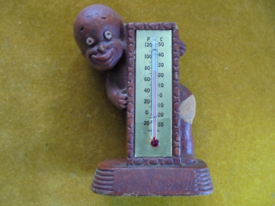 OLD ORNAWOOD THERMOMETER WITH "BLACK CHILD"-1949 DATE
