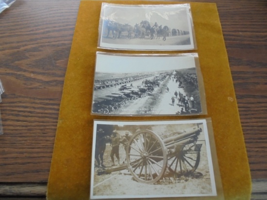 3 REAL PHOTO POST CARDS FROM 1916 TEXAS-CARS, CANNON AND WAGON TRAIN