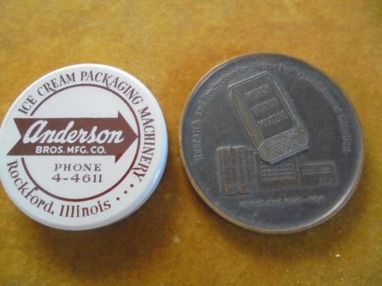 2 OLD ADVERTISING PAPER WEIGHTS-ICE CREAM PACKAGING MACHINERY CO. & FEED ADDITIVES COMPANY