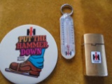 3 VINTAGE INTERNATIONAL HARVESTER ADVERTISING ITEMS-LIGHTER-THERMOMETER AND PIN BACK BUTTON