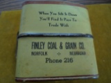 OLD TIN MEASURE & FLOUR SIFTER WITH ADVERTISING FROM 'FINLEY COAL & GRAIN-NORFOLK, NEBRASKA