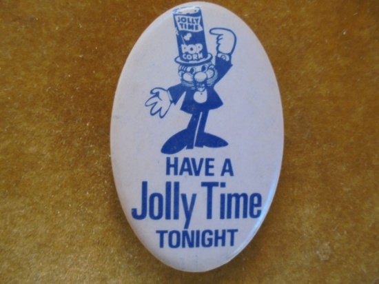 VINTAGE "JOLLY TIME POPCORN" ADVERTISING PIN BACK-SIOUX CIYT