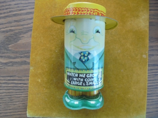 ODD OLD TIN LITHOGRAPH COIN BANK-"GROWS TALL WITH COINS ADDED"