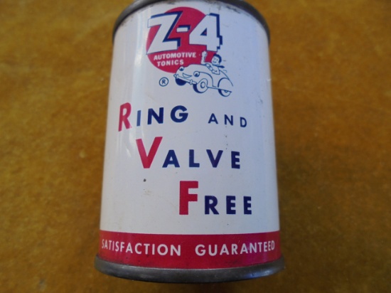 EARLY "GAS & OIL" ADVERTISING TIN "RING VALVE FREE" WITH OLD CAR GRAPHIC