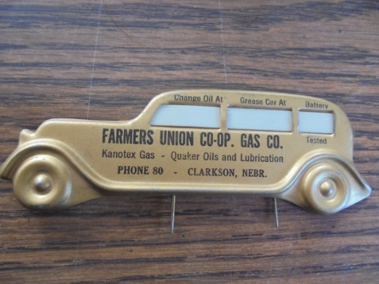 THIS IS A RARE FIND; EARLY AUTOMOBILE SERVICE RECORD PIN BACK FOR CAR CEILING -CLARKSON NEBRASKA
