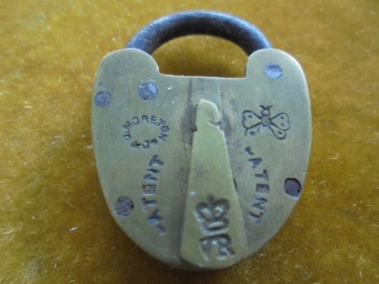 VINTAGE BRASS "J. MORETON" PADLOCK WITH KEYHOLE COVER-EARLY AND COOL