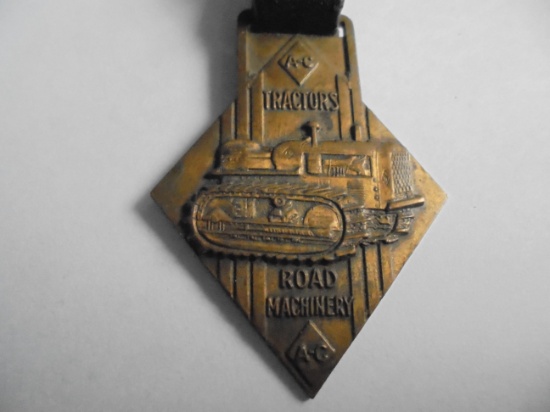 OLD ALLIS-CHALMERS TRACK TYPE TRACTOR ADVERTISING WATCH FOB AND LEATHER