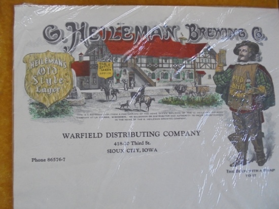 VINTAGE GRAPHIC "HEILEMAN BREWING" LETTER HEAD FROM WARFIELD DIST. COMPANY OF SIOUX CITY IOWA
