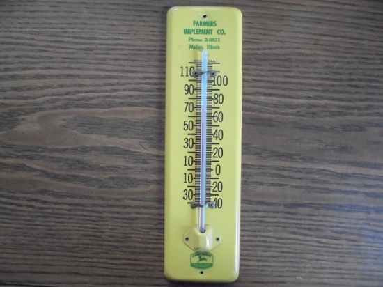 VINTAGE JOHN DEERE ADVERTISING THERMOMETER FROM "FARMER'S IMPLEMENT" OF MOLINE ILLINOIS