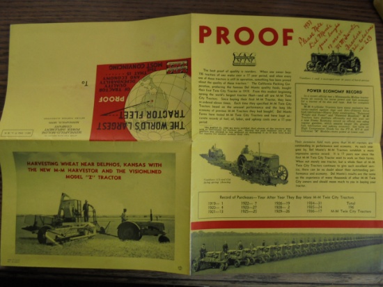 OLD MINNEAPOLIS MOLINE TRACTOR FOLDING ADVERTISING BROCHURE-WITH "DELMONTE" BRAND FOODS