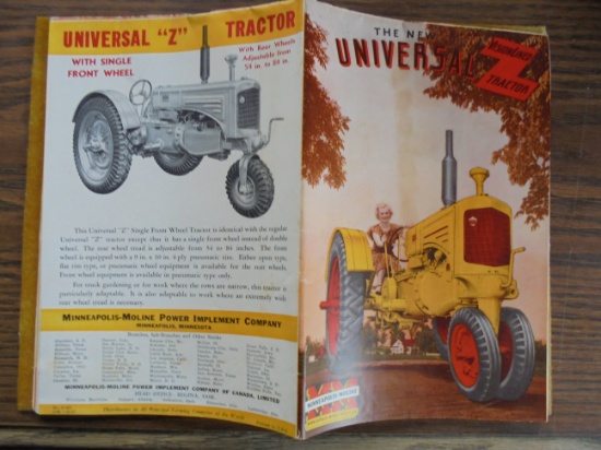 1937 DATED 'UNIVERSAL MINNEAPOLIS-MOLINE" TRACTOR FOLDING ADVERTISING BROCHURE WITH ENVELOP