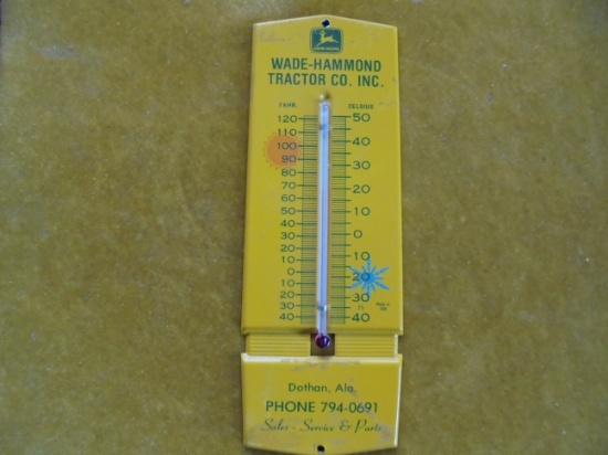 OLD METAL JOHN DEERE THERMOMETER FROM 'WADE-HAMMOND TRACTOR CO" OF DOTHAN , ALABAMA WITH DEERE LOGO