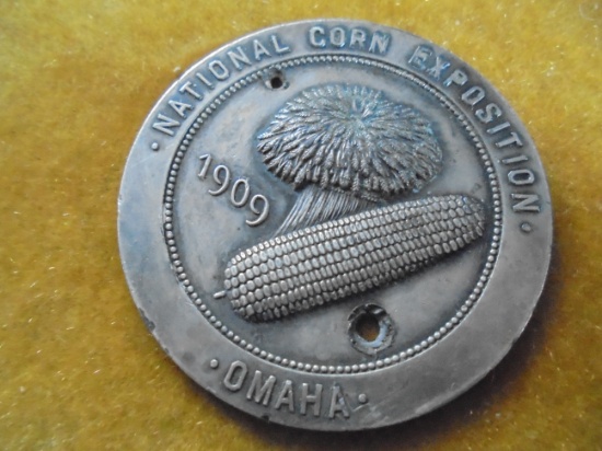 OLD METAL BADGE "NATIONAL CORN EXPOSITION--OMAHA" 1909-QUITE RARE