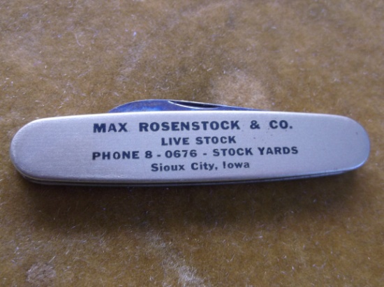 VINTAGE MAX ROSENSTOCK COMMISSION CO. ADVERTISING POCKET KNIFE SIOUX CITY STOCKYARDS