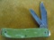 OLD GREEN CELLULOID HANDLED POCKET KNIFE WITH 2 BLADES-