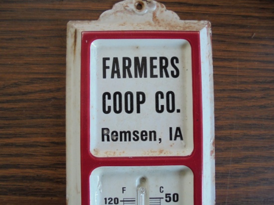 VINTAGE METAL "FARMERS CO-OP" ADVERTISING THERMOMETER REMSEN IOWA