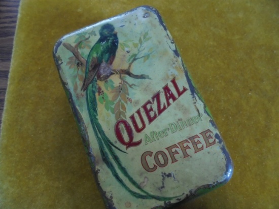 FAIRLY RARE "QUEZAL COFFEE" ADVERTISING TIN-GERMAN AMERICAN COFFEE CO. OF CHICAGO