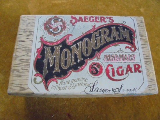 OLD CARDBOARD CIGAR BOX MARKED "SAEGER'S MONOGRAM CIGAR"-NICE CONDITION